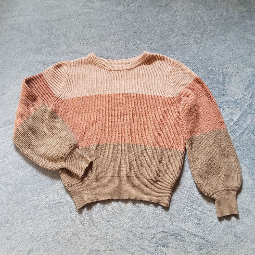 SO Womens Large Pink Terracotta Tan Colorblock Balloon Sleeve Knit Sweater